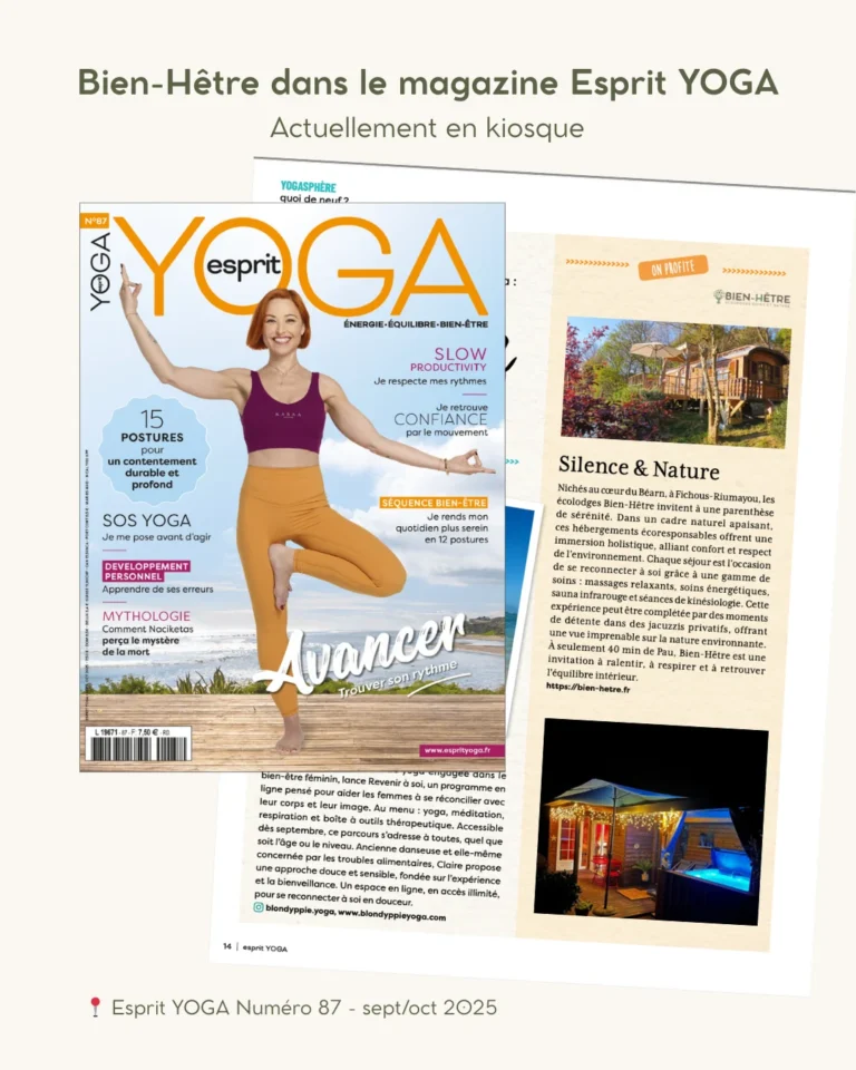 Couverture du magazine Esprit Yoga numéro 87 et extrait d’article mentionnant Bien-Hêtre, écolodges bien-être au cœur du Béarn.