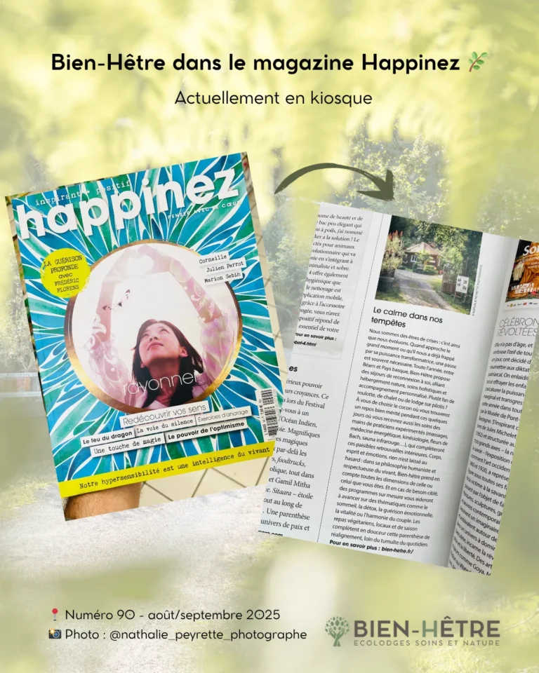 Couverture du magazine Happinez n°90 (août/septembre 2025) et page intérieure présentant l’article « Le calme dans nos tempêtes » consacré à Bien-Hêtre.
